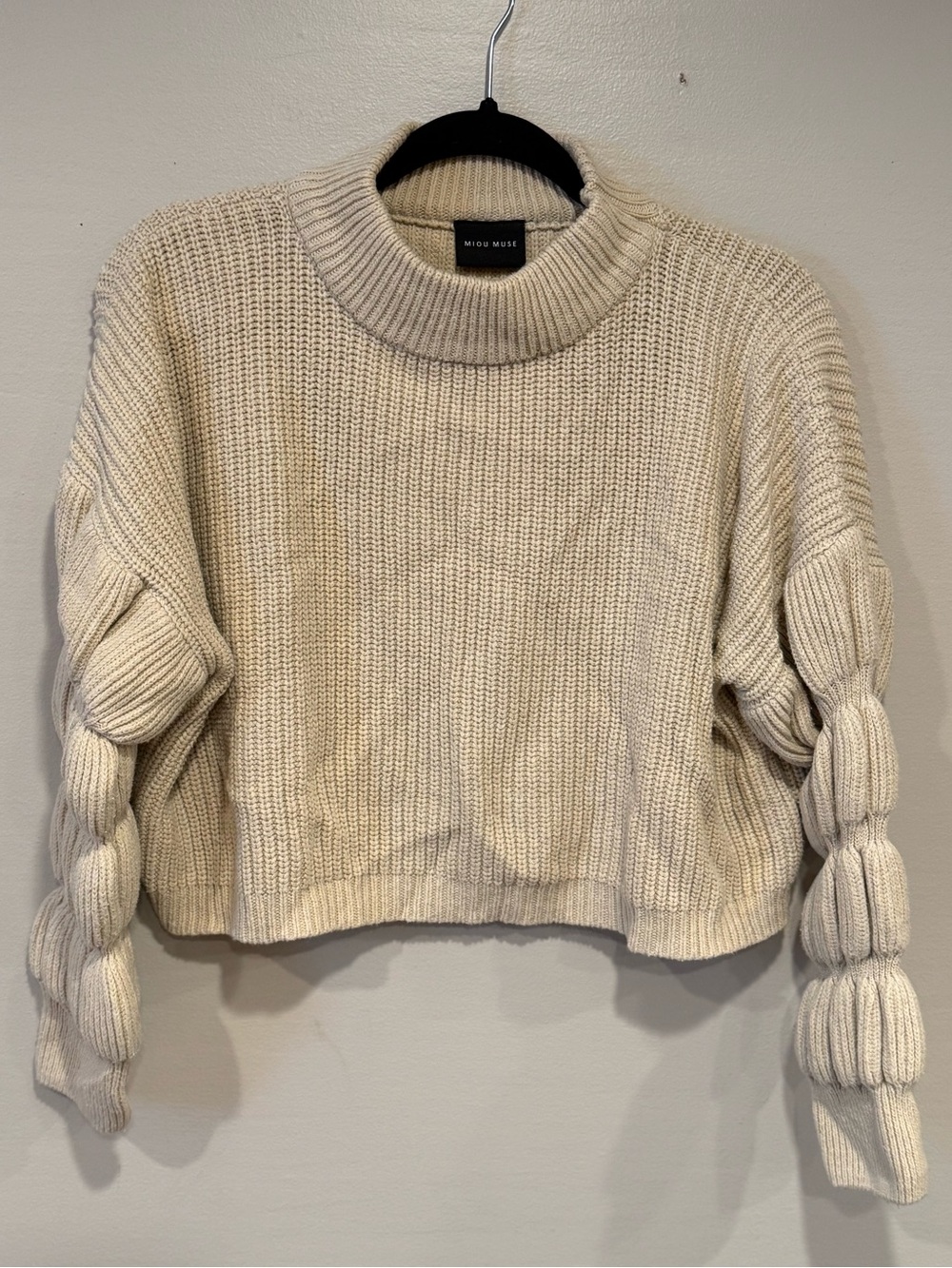 Miou Muse Cream Bubble Sleeve Cropped Knit Sweater Women's Small